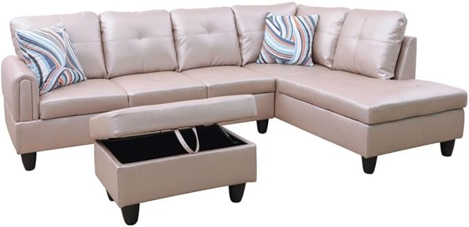 Latte L-Shaped 3-Piece Faux Leather Sofa - Image 8