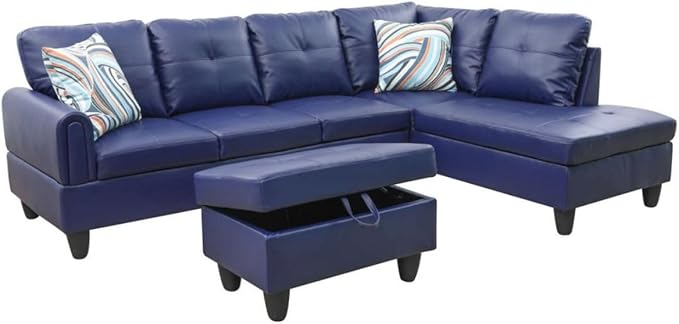 Blue L-Shaped 3-Piece Faux Leather Sofa - Image 8