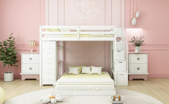 Twin Over Full Bunk Bed with 3-Layer Shelves, Wood L-Shape High Loftbed Frame - Image 5