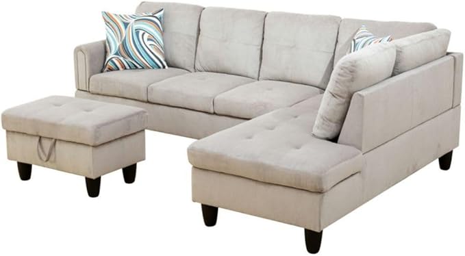 Grey White L-Shaped 3-Piece Corduroy Sofa - Image 8