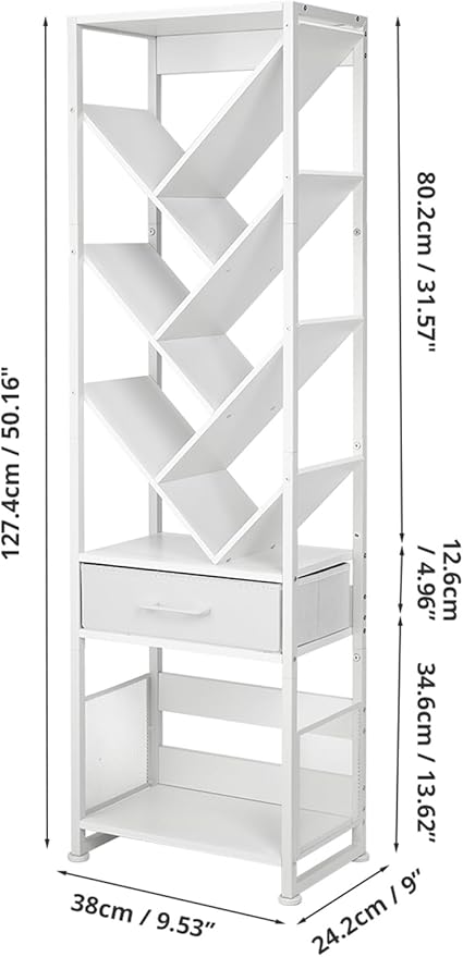 Bookshelf with Drawer, 10 Tier Tree Bookcase Retro Floor Standing Bookshelves - Image 2