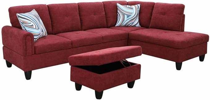 Red L-Shaped 3-Piece Flannel Sofa - Image 8