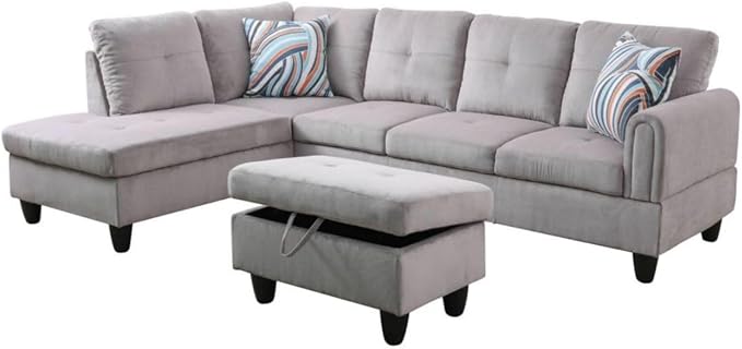 Grey White L-Shaped 3-Piece Corduroy Sofa - Image 8