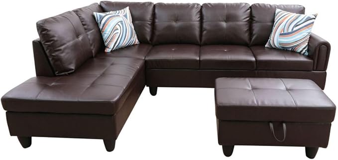Brown L-Shaped 3-Piece Faux Leather Sofa - Image 8