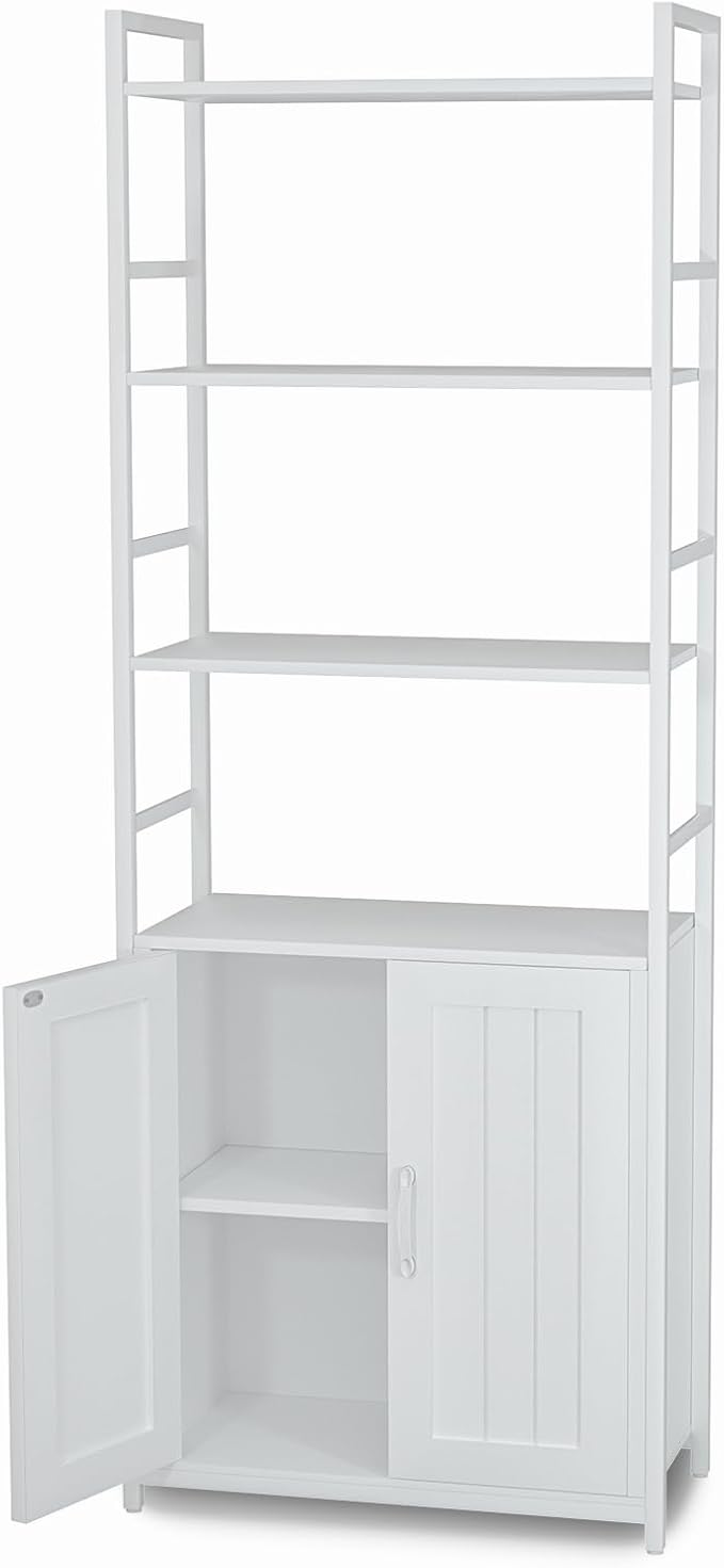 White Bookshelf with Doors, 6 Tier Book Shelf by Lazyvan