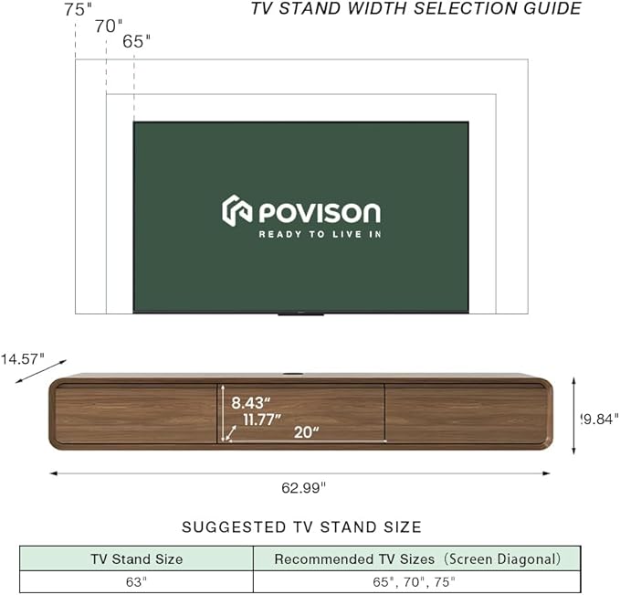 POVISON Fully Assembled Floating TV Stand, Walnut TV Stand, Solid Wood Floating - Image 6