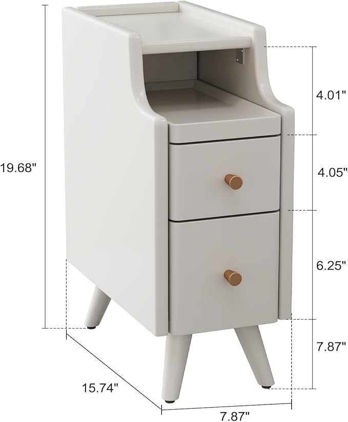 Narrow Nightstand with Drawers, Wood Bedside Table, Small White Nightstand Set - Image 2