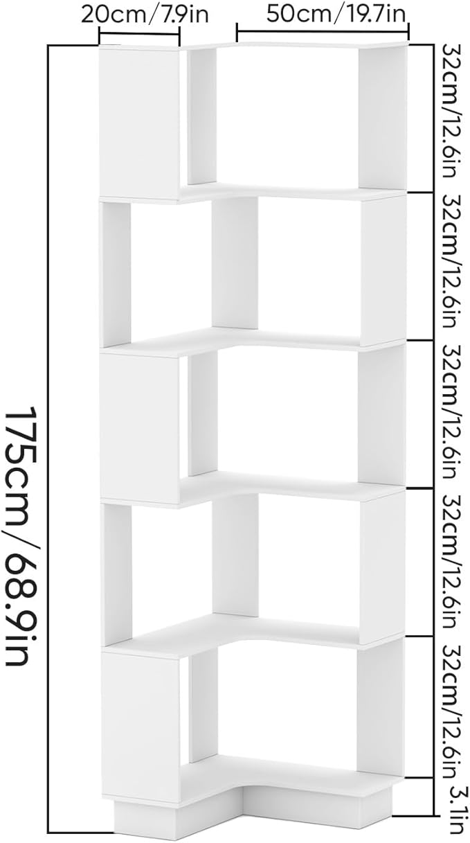 Corner Bookshelf, 68.9" Tall Wooden Corner Bookcase 5 Tiers L-Shaped Storage - Image 2