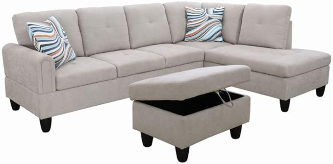 Grey White L-Shaped 3-Piece Flannel Sofa - Image 8