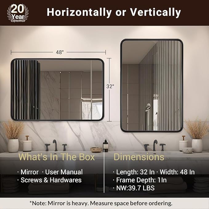 ANDY STAR 48X32 Inch Black Bathroom Mirror, Rounded Rectangle Mirror - Image 2