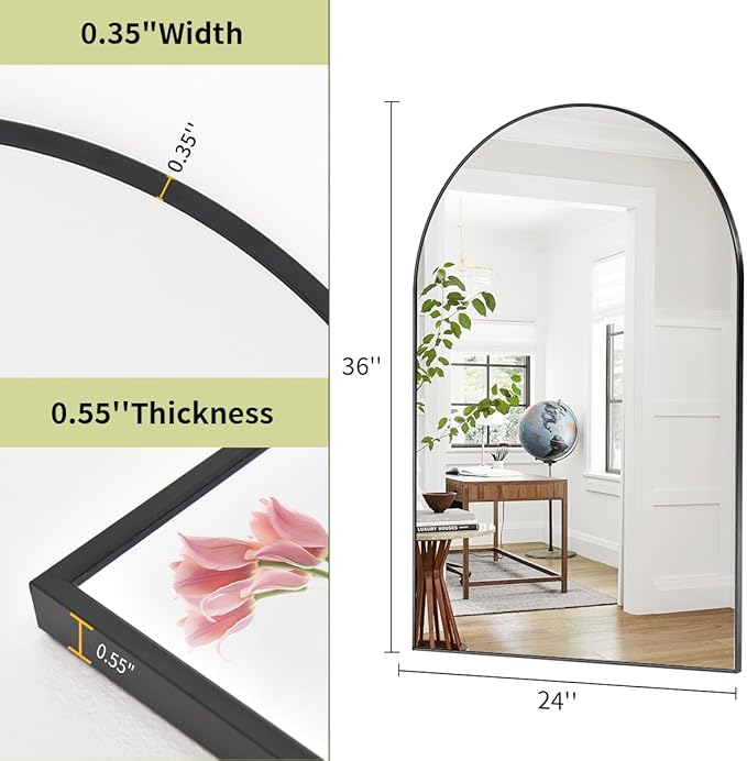 BEAUTYPEAK 24"x36" Arch Bathroom Mirror, Wall Mounted Vanity Metal Frame Mirror - Image 4