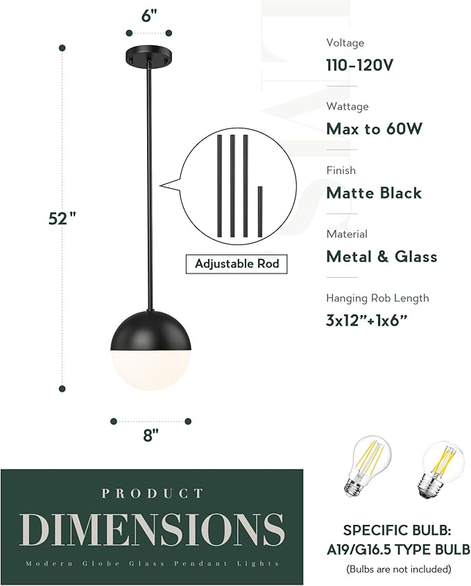 LMS 2 Pack Mid Century Pendant Lights, Matte Black Kitchen Island Light Fixtures - Image 4