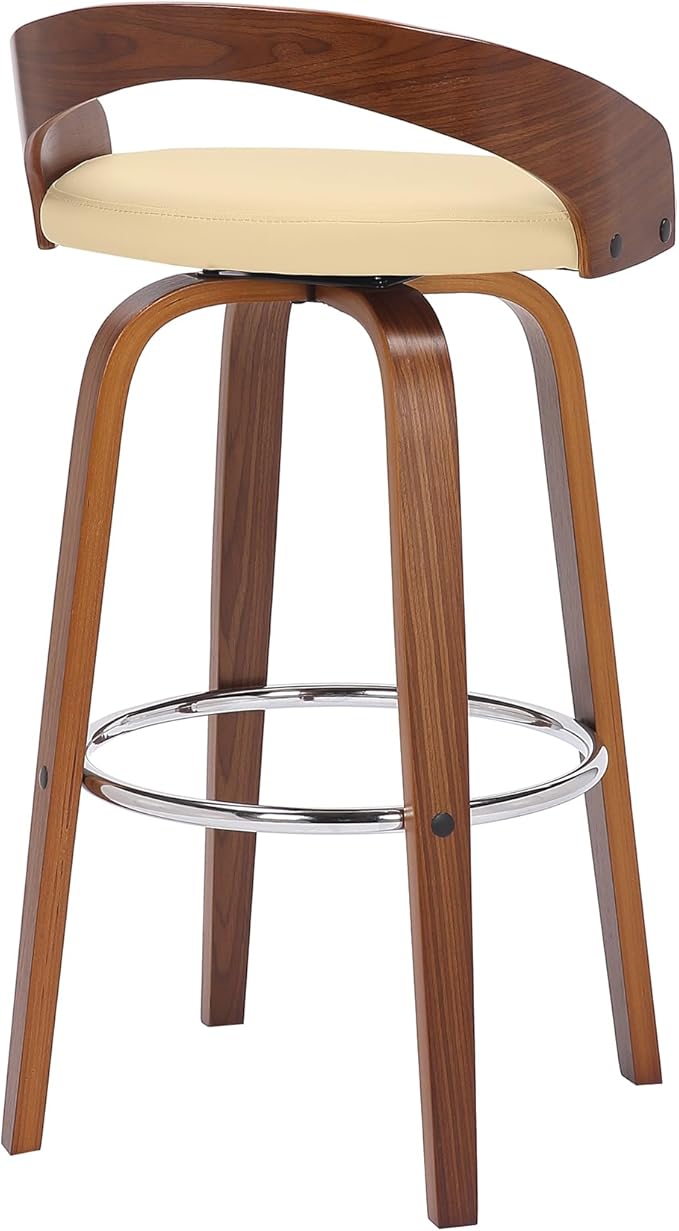 Armen Living Sonia 30" Bar Height Swivel Cream Faux Leather and Walnut Wood Bar - Image 8