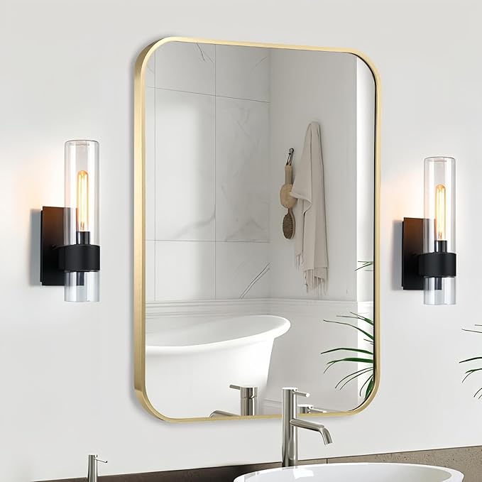 Gold Bathroom Mirror, 22x30 Inch Brushed Gold Mirror, Aluminum Alloy Framed by CLBA