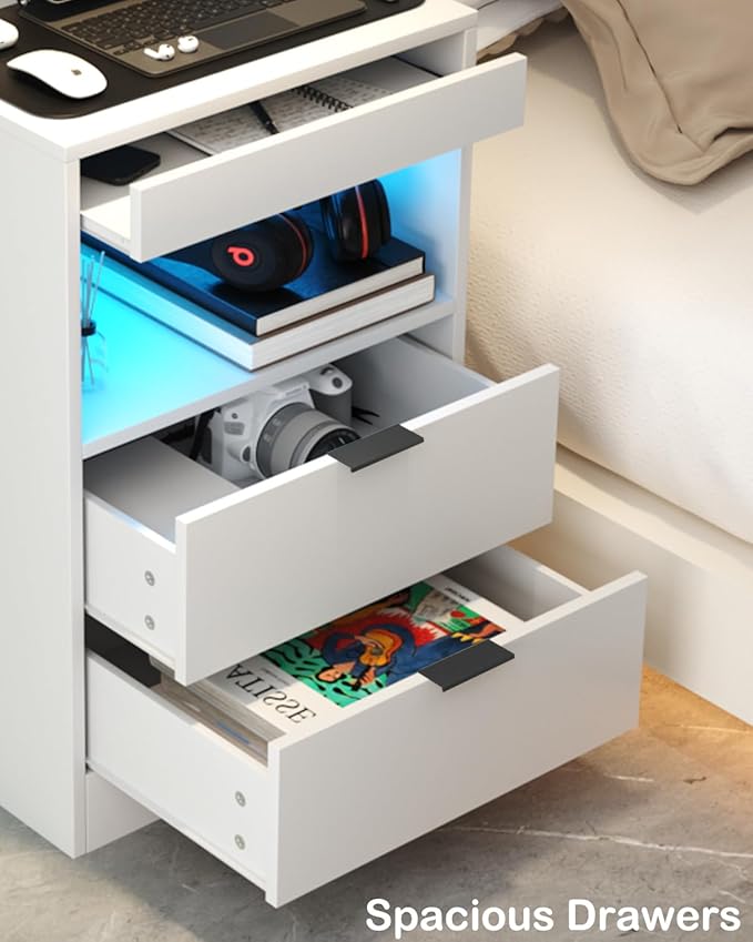Gadroad LED Nightstand with Charging Station, Bedside Table with 3 Drawers and - Image 9