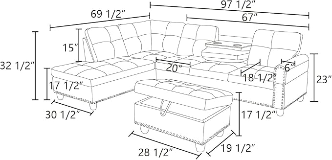 L Shaped Sectional Sofa with Ottoman, Nail-Head Design Leather Right Facing - Image 2