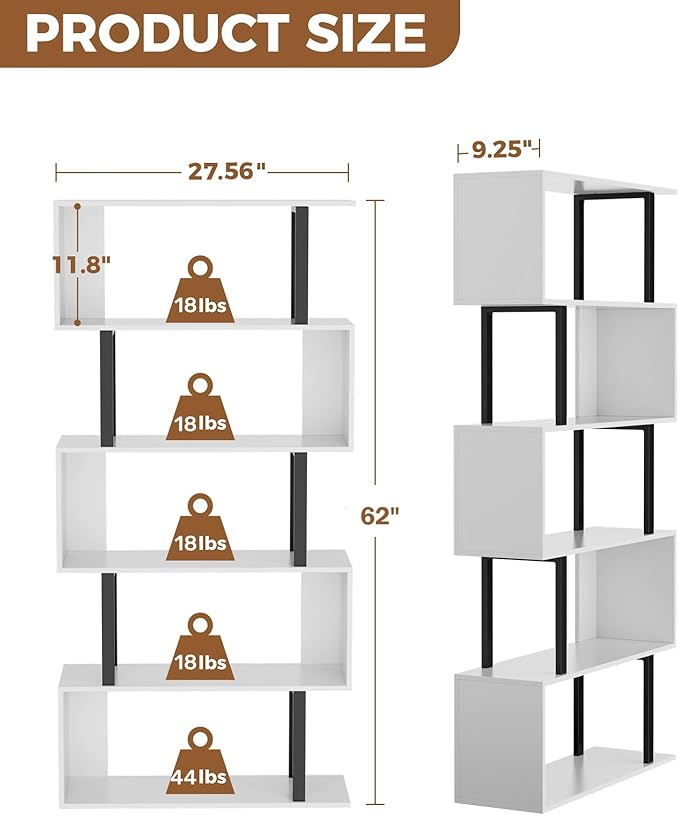 Gadroad 5 Tier Geometric Bookcase, S Shaped Bookshelf, Wood Decorative Storage - Image 3