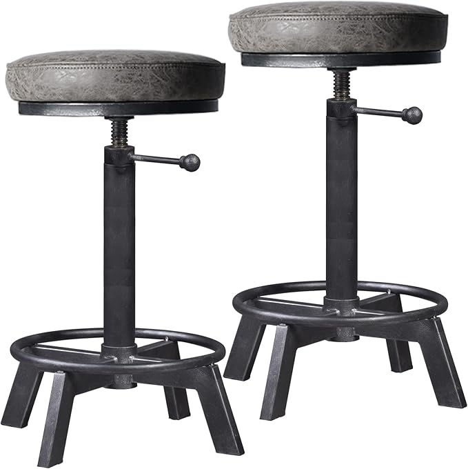Rusitc Swivel PU Seat Bar Stools Industrial 24-28inch Height Adjustable Counter by BOKKOLIK