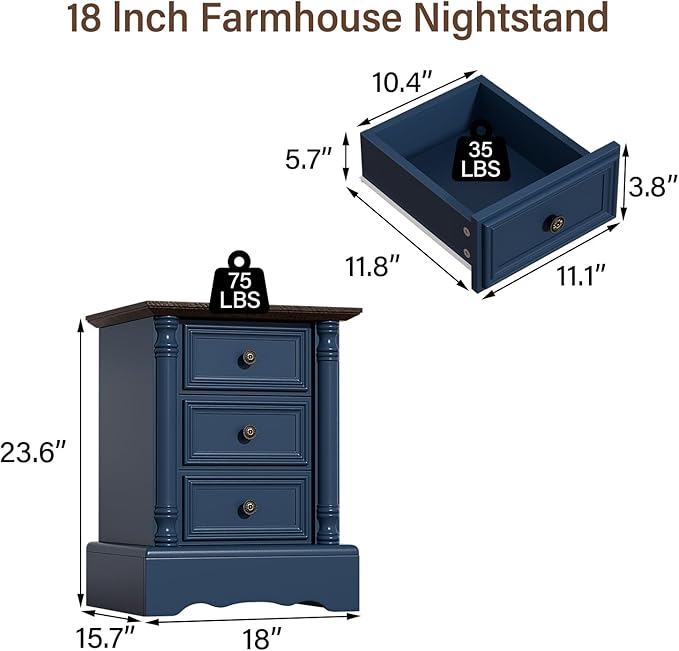 Nightstand with 3 Drawers, Rustic Night Stand 18' Wide Side Table with Storage - Image 2