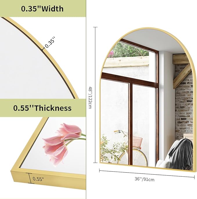 BEAUTYPEAK 36"x48" Arch Bathroom Mirror, Wall Mounted Vanity Metal Frame Mirror - Image 2