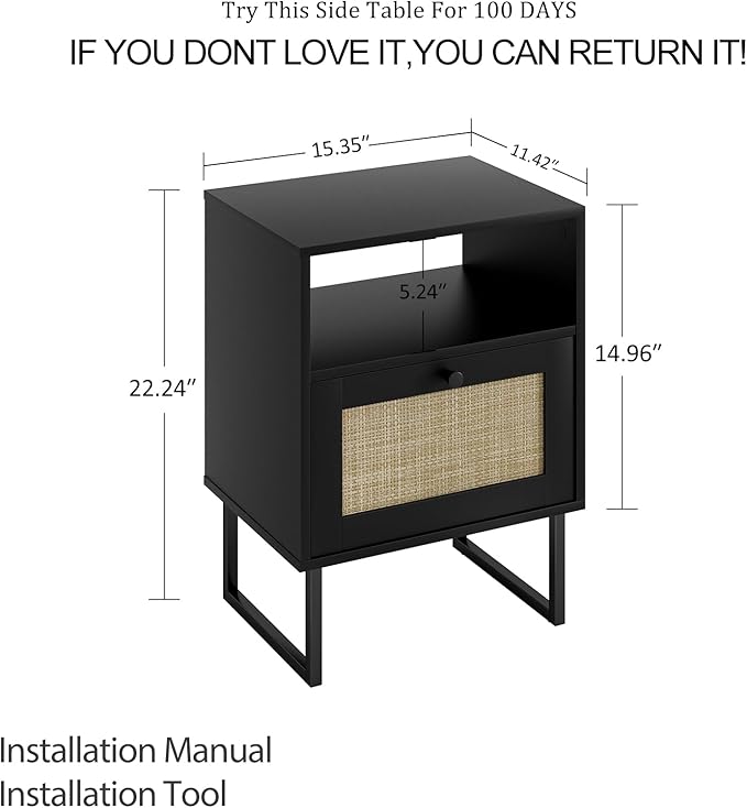 Masupu Rattan Nightstand, Modern Boho Farmhouse Wood Bedside Table - Image 2
