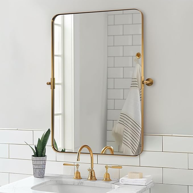MOON MIRROR 20" x 28" Brushed Gold Metal Framed Pivot Rectangle Bathroom Mirror - Image 6