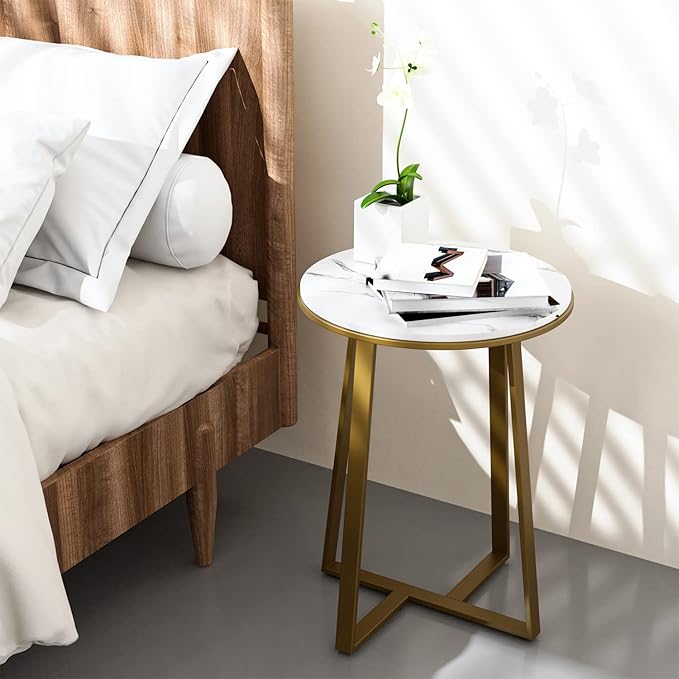 Round End Tables, Small Side Table White Marble Texture MDF Top, Metal Frame - Image 3