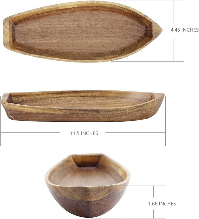 Lucky Boat Serving Tray, Acacia Solid Wood Boat Shape Plate - Image 6