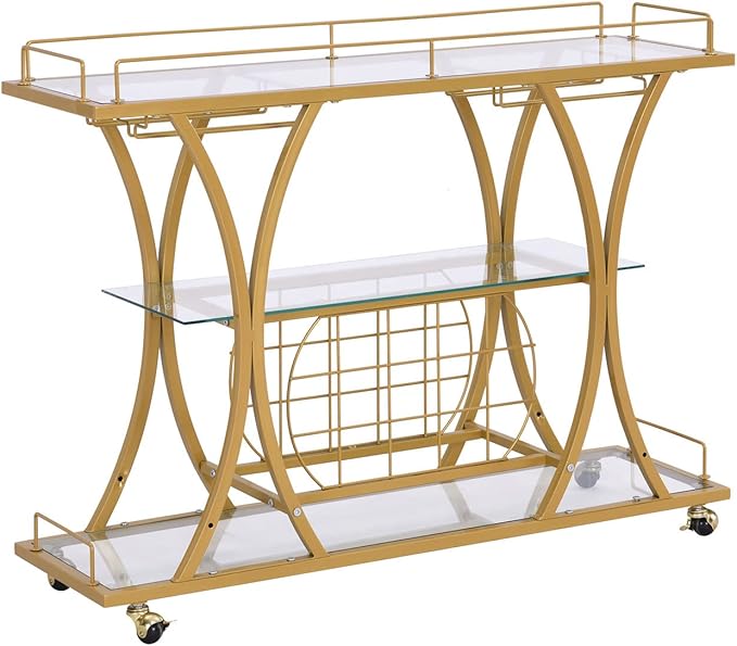 Gold Bar Carts with Glass Holders & Wine Rack, 3 Tier Home Bar Serving Carts - Image 6