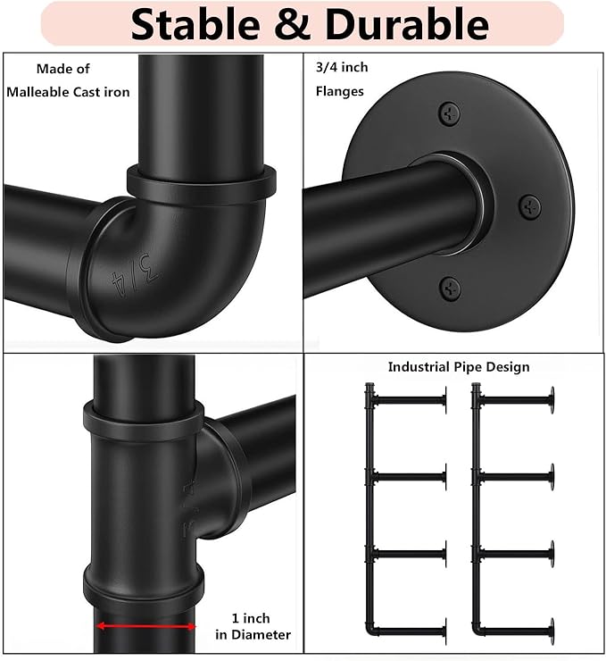 Industrial Pipe Shelf Brackets Wall Mount, Open Black Pipe Shelving - Image 4