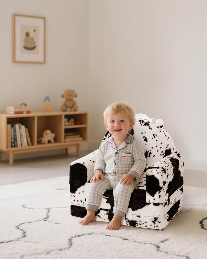 2-in-1 Toddler Chair and Couch – Soft Faux Rabbit Fur, Cow Pattern Design - Image 2