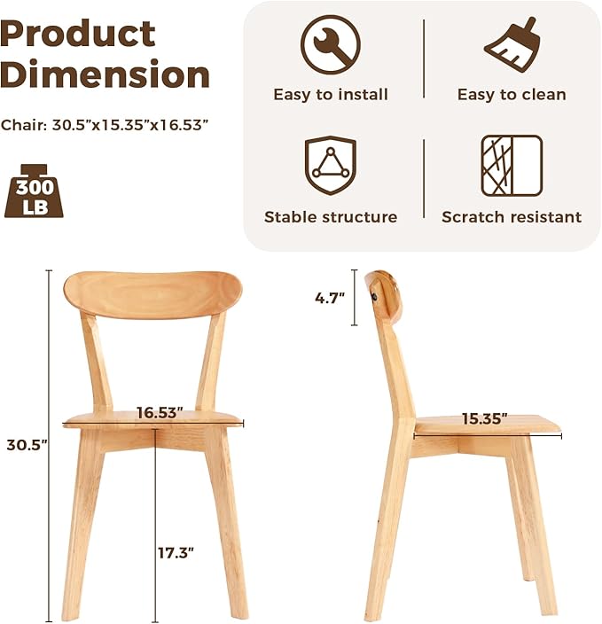 DELAVIN Soild Wood Dining Chairs Set of 6, Mid Century Oak Wood Kitchen Chairs - Image 3