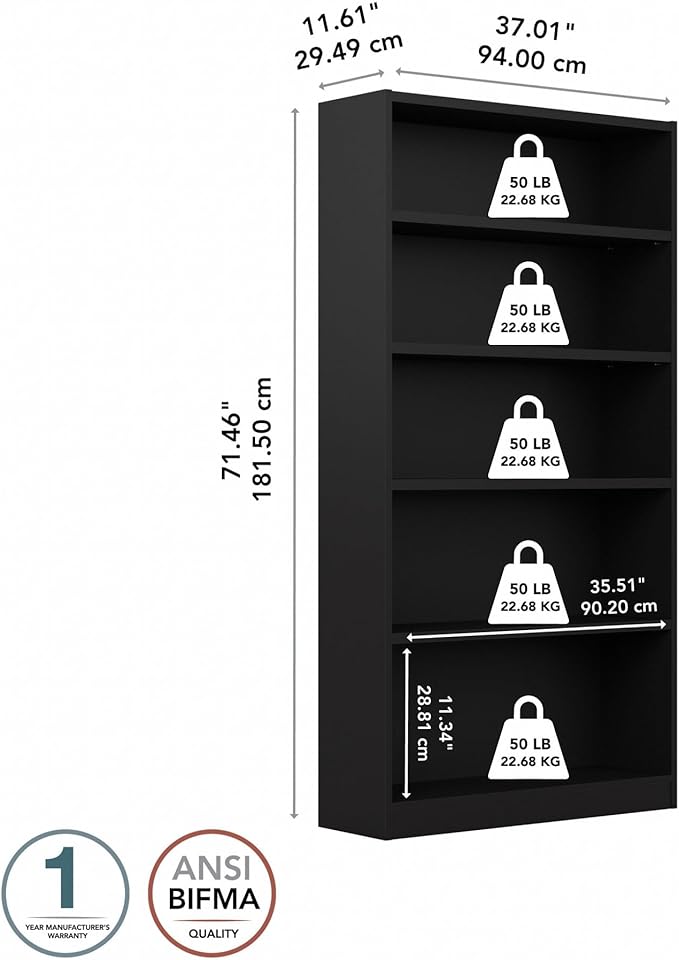 Bush Furniture Universal Tall 5 Shelf Bookcase in Black, Vertical Storage and - Image 8