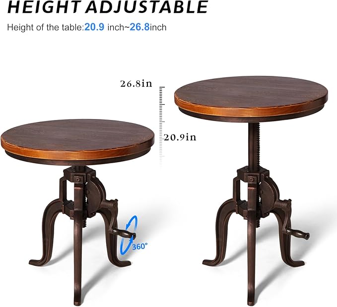 Industrial Iron Adjustable Crank Accent Table, Walnut Wood Top/Copper Home - Image 3