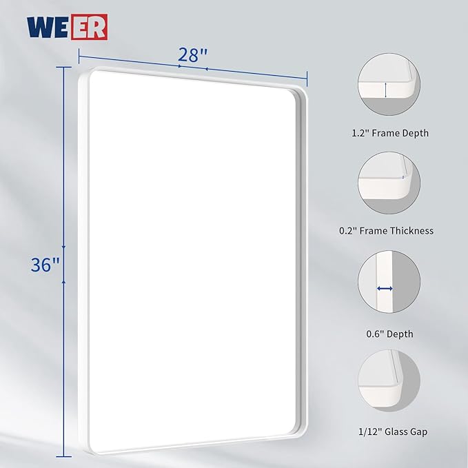 WEER White Bathroom Mirror 28X36 Inch, Rounded Rectangle White Metal Frame - Image 6