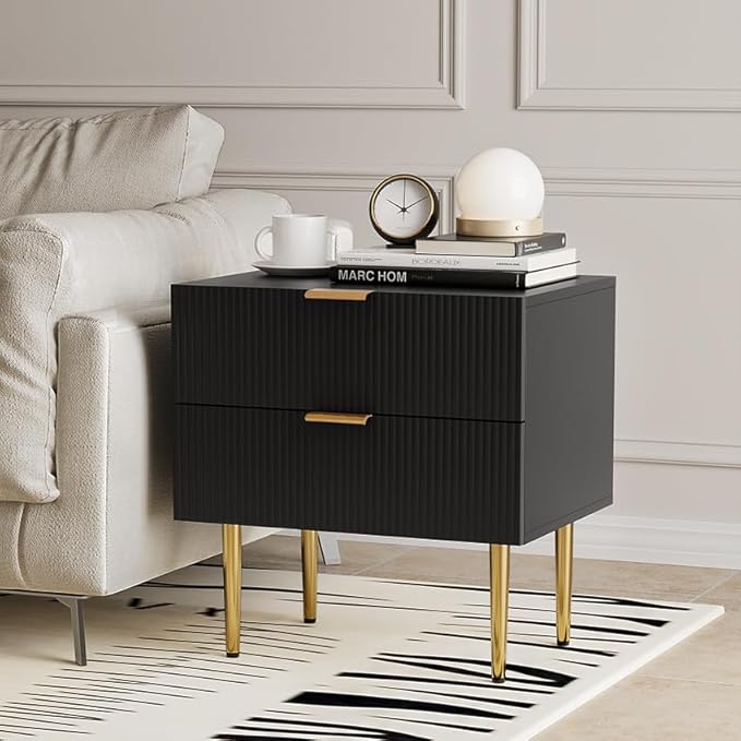 Black Nightstand for Bedroom, Fluted Night Stand Set of 2, Mid Century Modern - Image 4