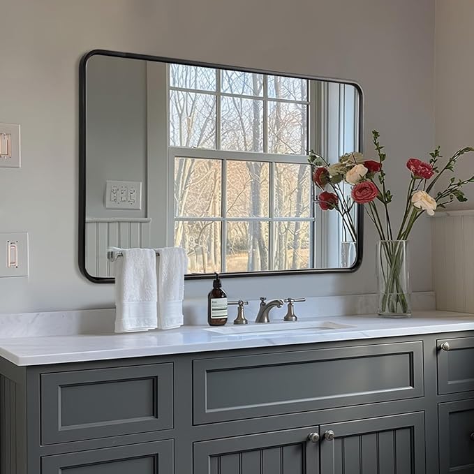 ANDY STAR 48X32 Inch Black Bathroom Mirror, Rounded Rectangle Mirror - Image 3