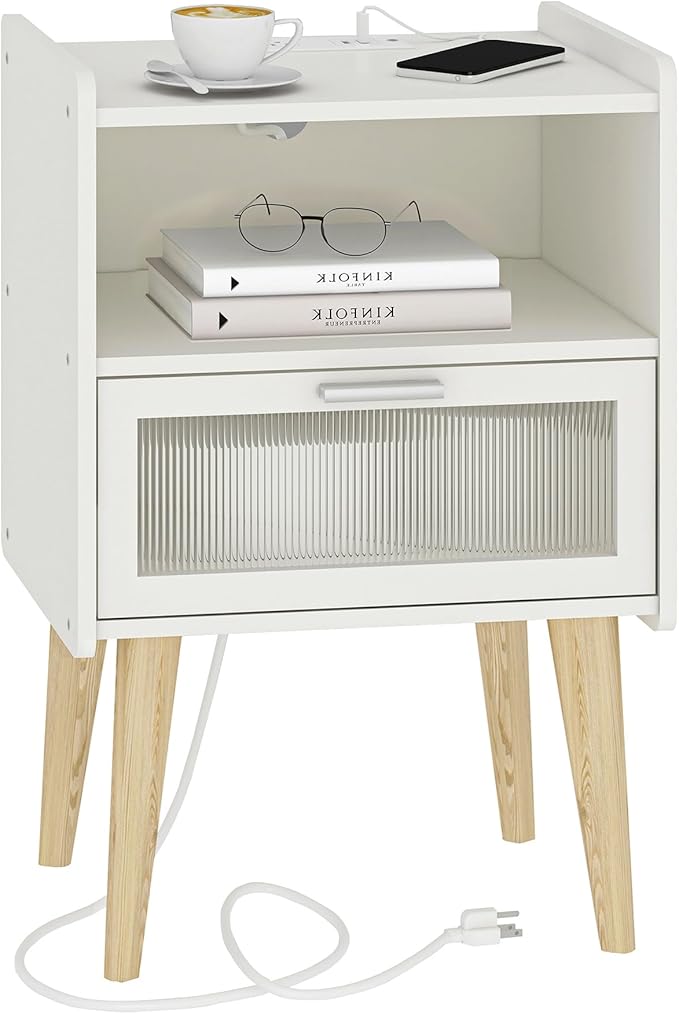 Nightstand with Charging Station, Bedside Tables with Glass Decorative Door by MMEOLUOOK