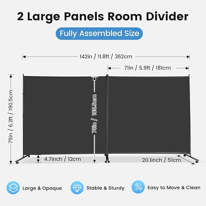 MAYOLIAH Indoor Room Divider 2 Large Panels on Wheels, 142”W x 75”H Rolling - Image 2