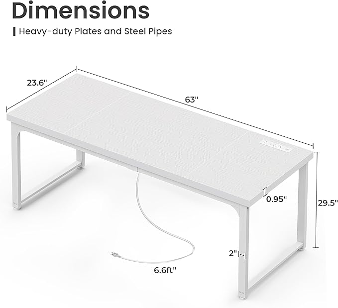 Huuger 63 x 24 inch Desk with Power Outlets & USB-C, Deeper & Thicker Desktop - Image 3