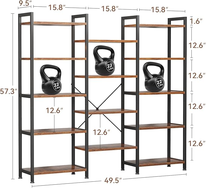 Casaottima Triple 5 Tier Bookshelf, Large Bookcase - Image 2