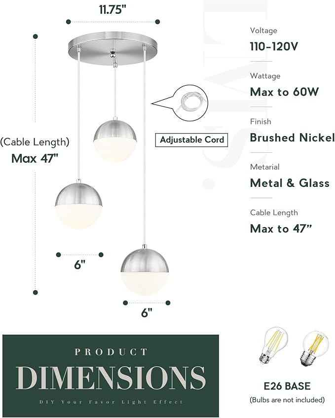 LMS Modern Brushed Nickel 3-Light Cluster Pendant Lights, Mid Century Pendant - Image 4