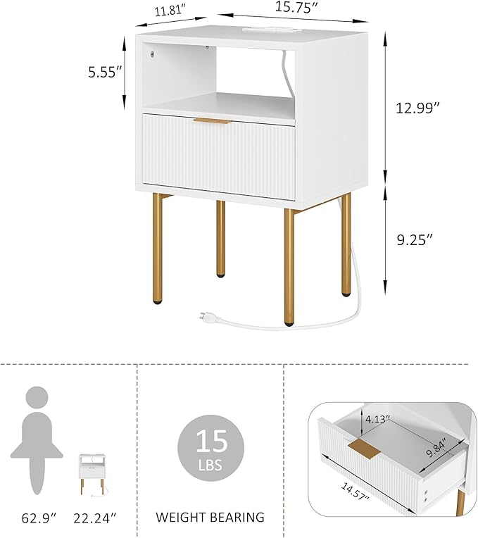 Nightstand with Charging Station, Morden Bedside Table with Gold Frame - Image 2