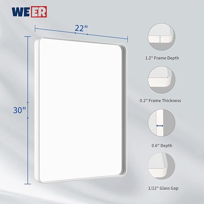 WEER White Bathroom Mirror 22X30 Inch, Rounded Rectangle White Metal Frame - Image 6