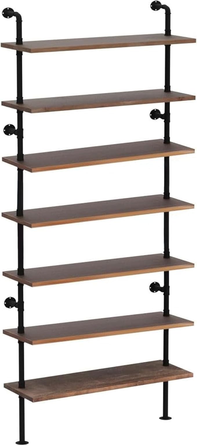 7 Tier Industrial Wall Mounted Ladder Shelf Bookcase, Rustic Wood Metal Pipe - Image 8