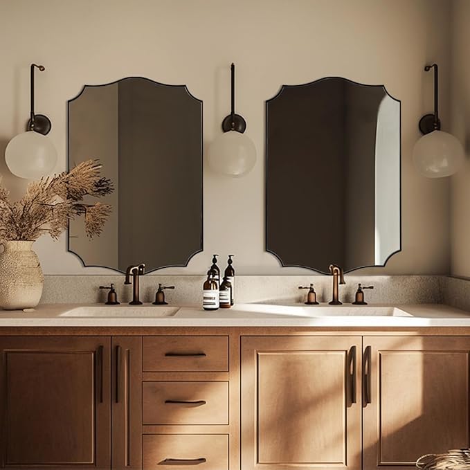 Black Scalloped Vanity Mirror, Matte Black Bathroom Mirrors, Metal Framed Black - Image 9