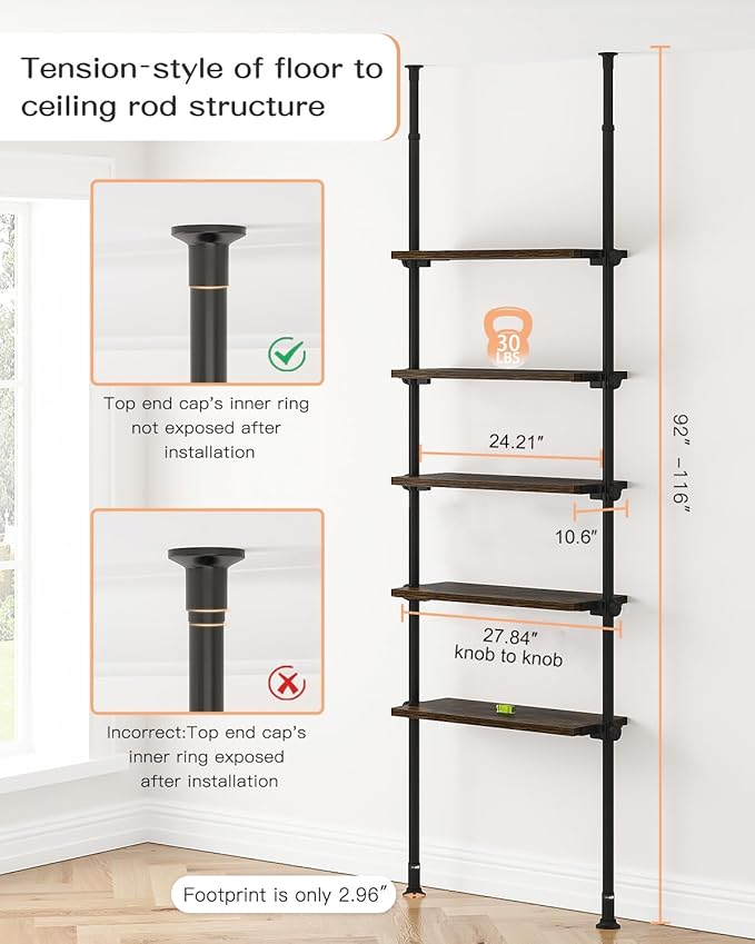 ALLZONE 5 Tiers Narrow Bookshelf, Tall Adjustable Ladder Book Shelf - Image 2