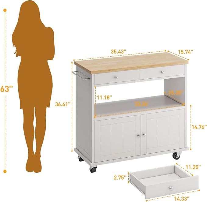 Rolling Kitchen Island with Storage Cabinet, 35.4'' Width Kitchen Cart - Image 3