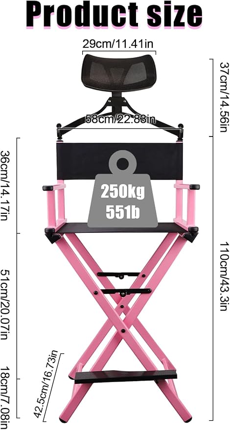 Lorvain Folable Makeup Artist Stool Chair, Protable Tall Folding Directors Chair - Image 2