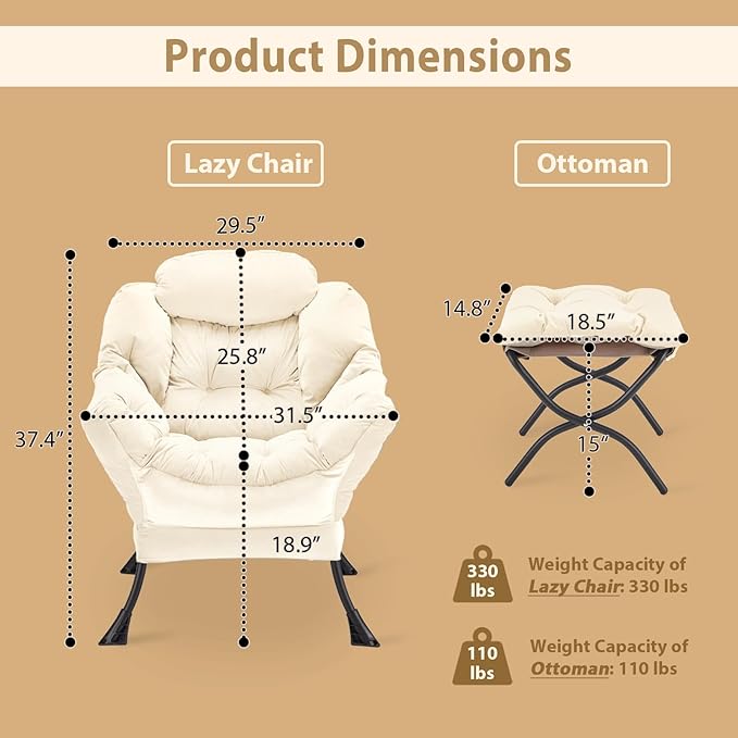 Lazy Chair with Folding Ottoman, Accent Chair Velvet Upholstered with Metal - Image 3